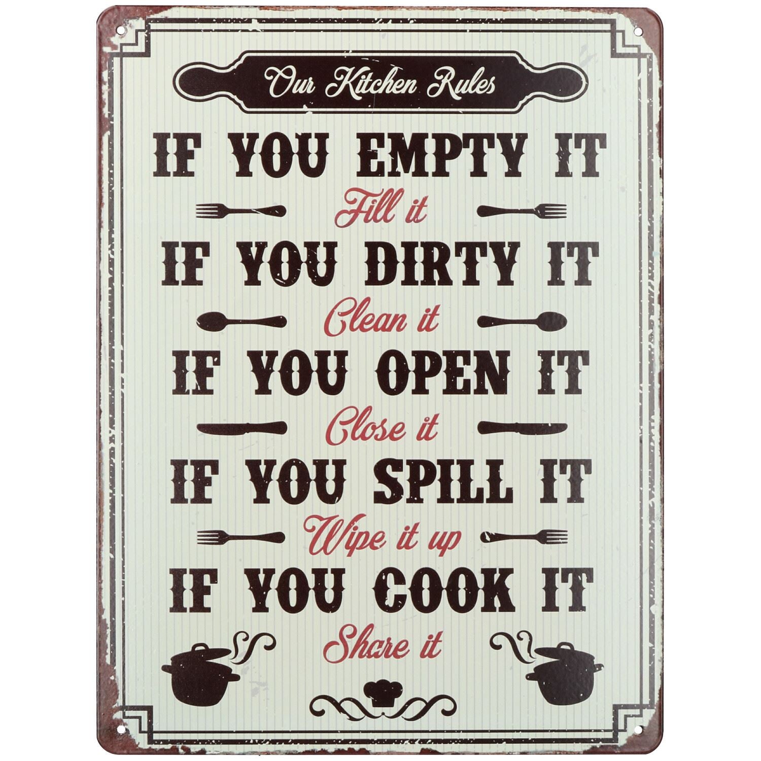 Hanging Retro 'Our Kichen Rules''Metal Sign Home PrePunched Hole 25x33cm