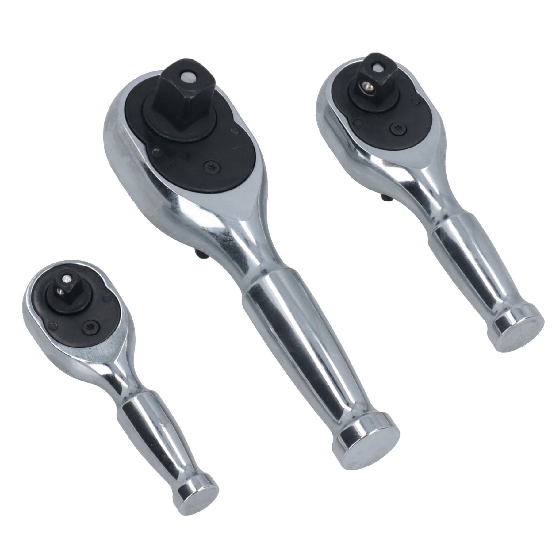 1/4in 3/8in and 1/2in Drive Stubby Headed Ratchet Socket Driver 90 Teeth 3pc