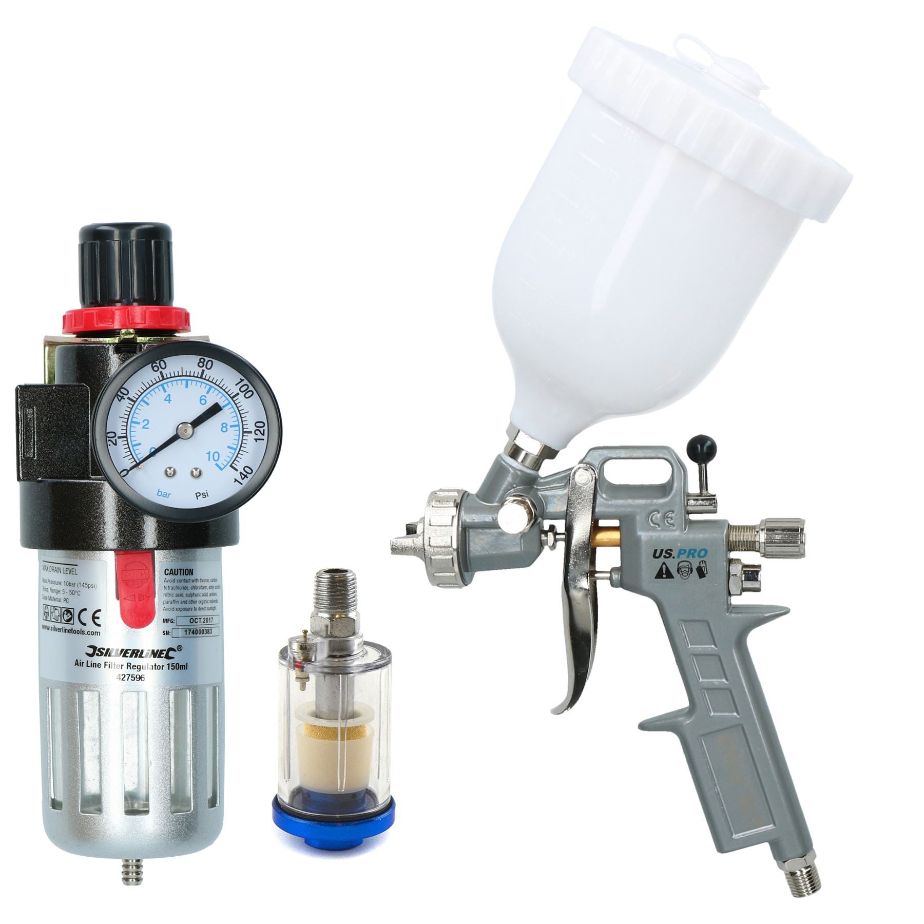 HVLP Gravity Feed Spray Gun 1.5mm & Inline Moisture Trap / Pressure Regulator