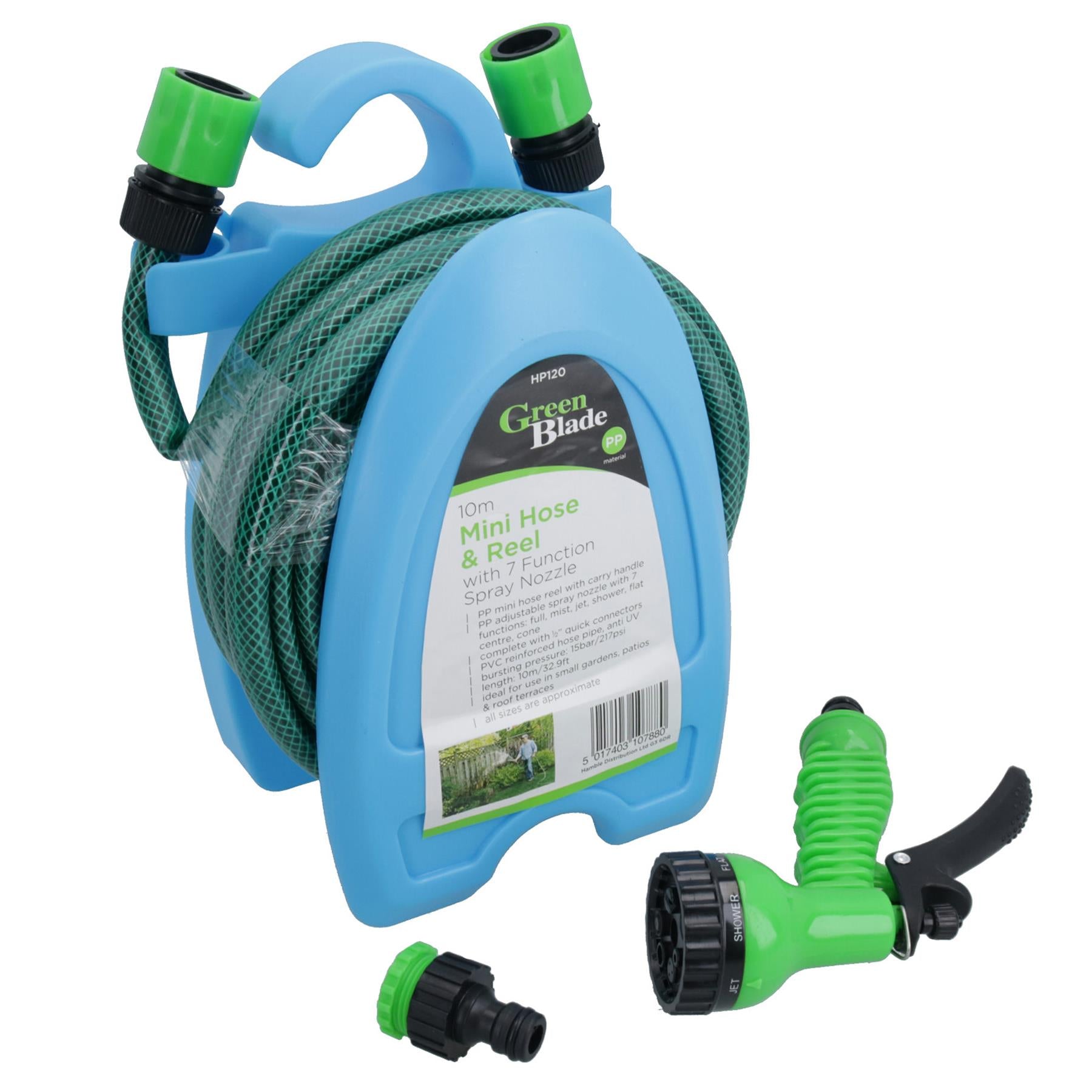 Portable Garden Hose Reel With 10 Metres of Hose + 7 Dial Spray Gun + Fittings