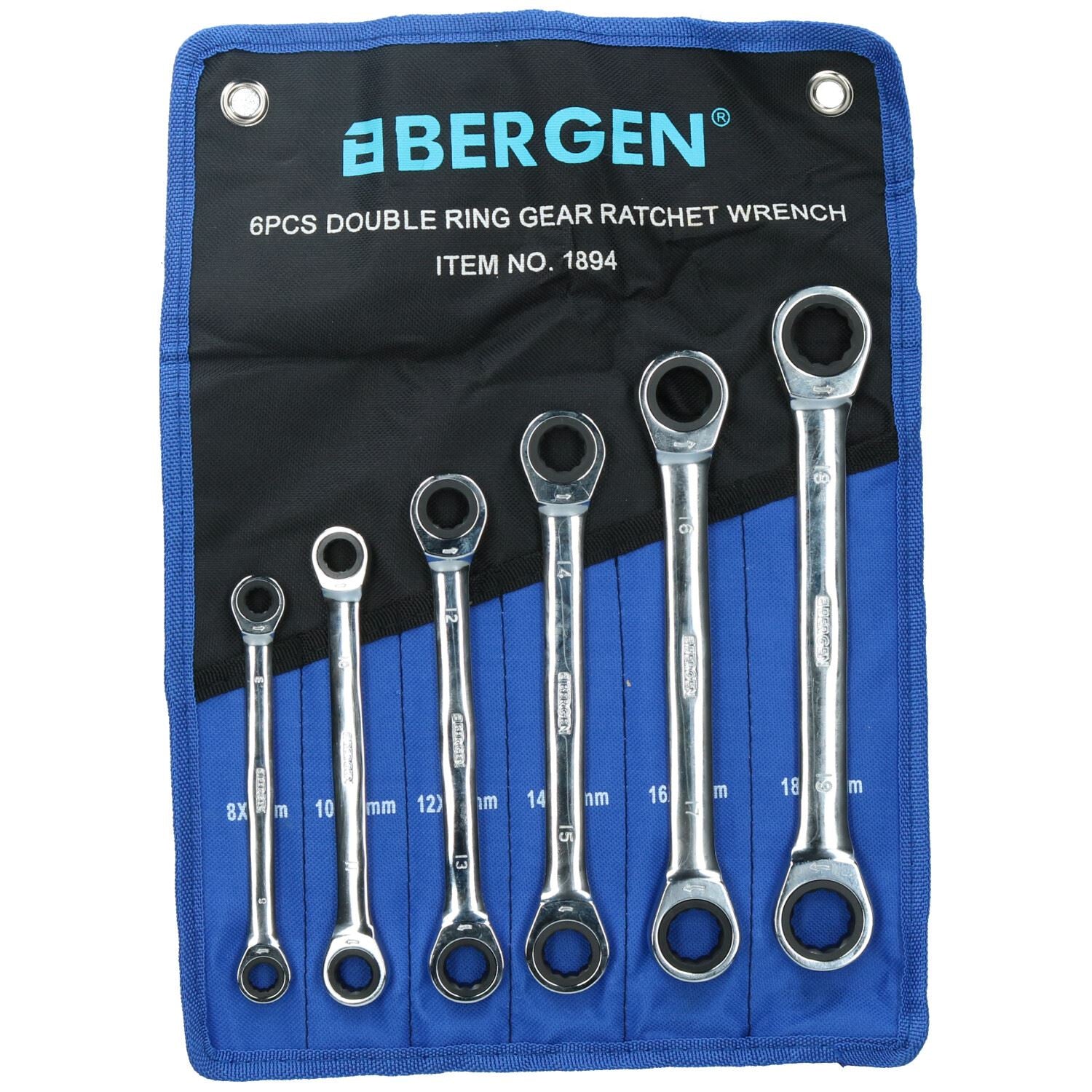 Metric ratchet spanner set double ring 6pc set 8mm - 19mm 72 teeth BERGEN AT501