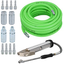 15 Metres Soft Rubber Hi-Vis Air Hose + Quick Release Fittings + Tyre Inflator