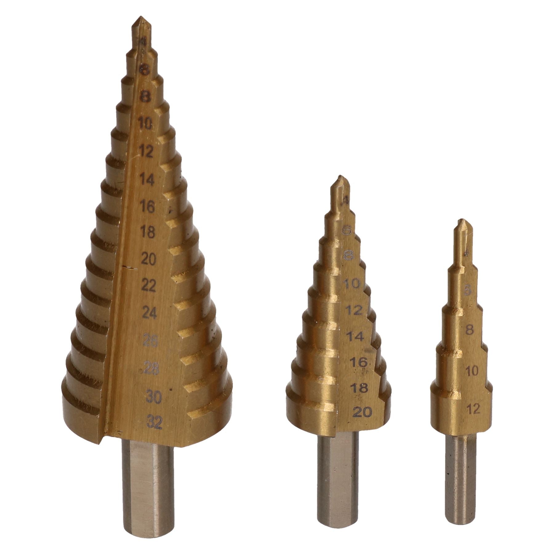 3pc HSS Titanium Coated Step Drills Cone Cutters 4mm - 32mm Drill Bits