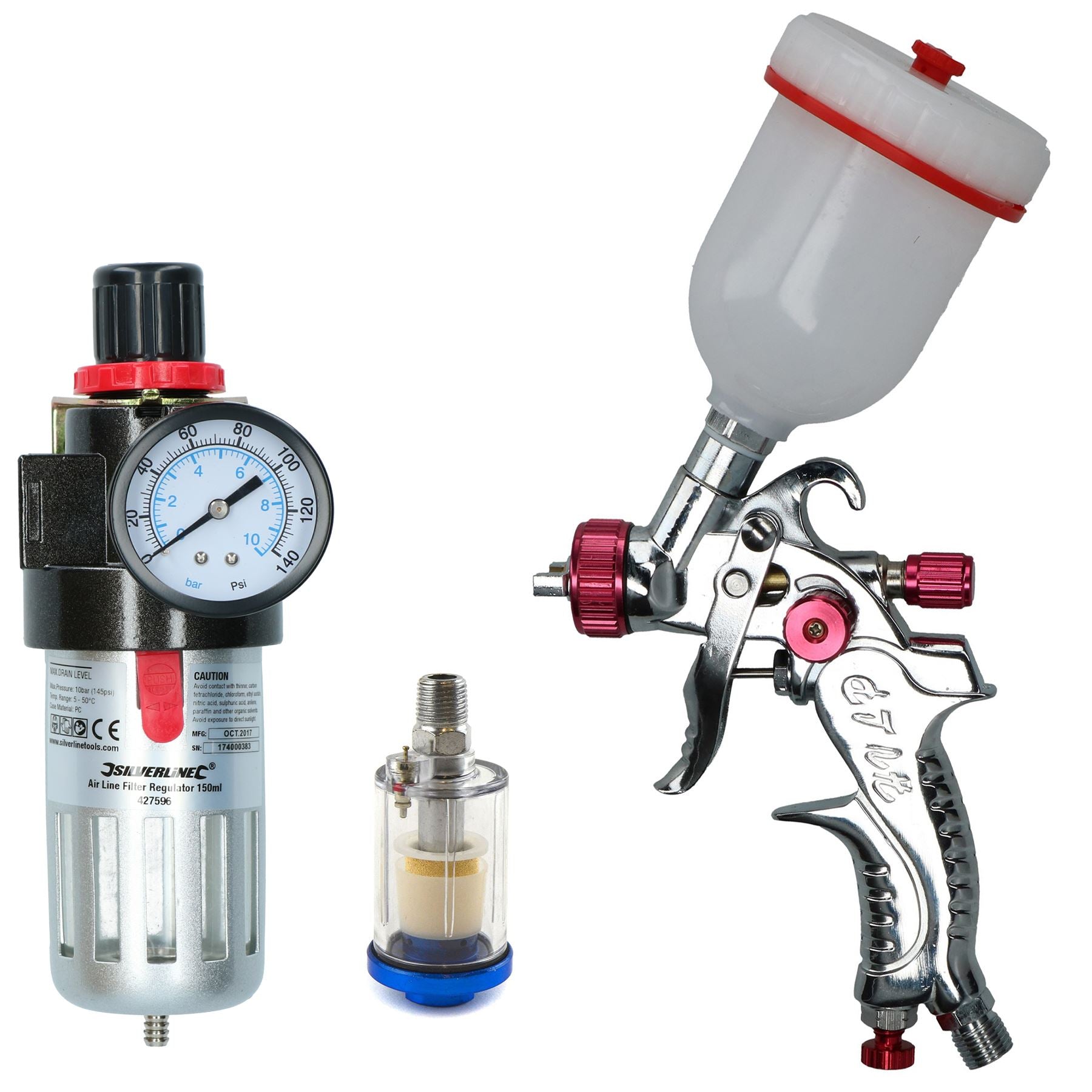 Mini HVLP Gravity Feed Spray Gun 8mm & Inline Moisture Trap Pressure Regulator