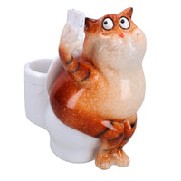 Fat Cat Selfie Picture On Toilet Pen Holder Ornament Statue Garden House Resin