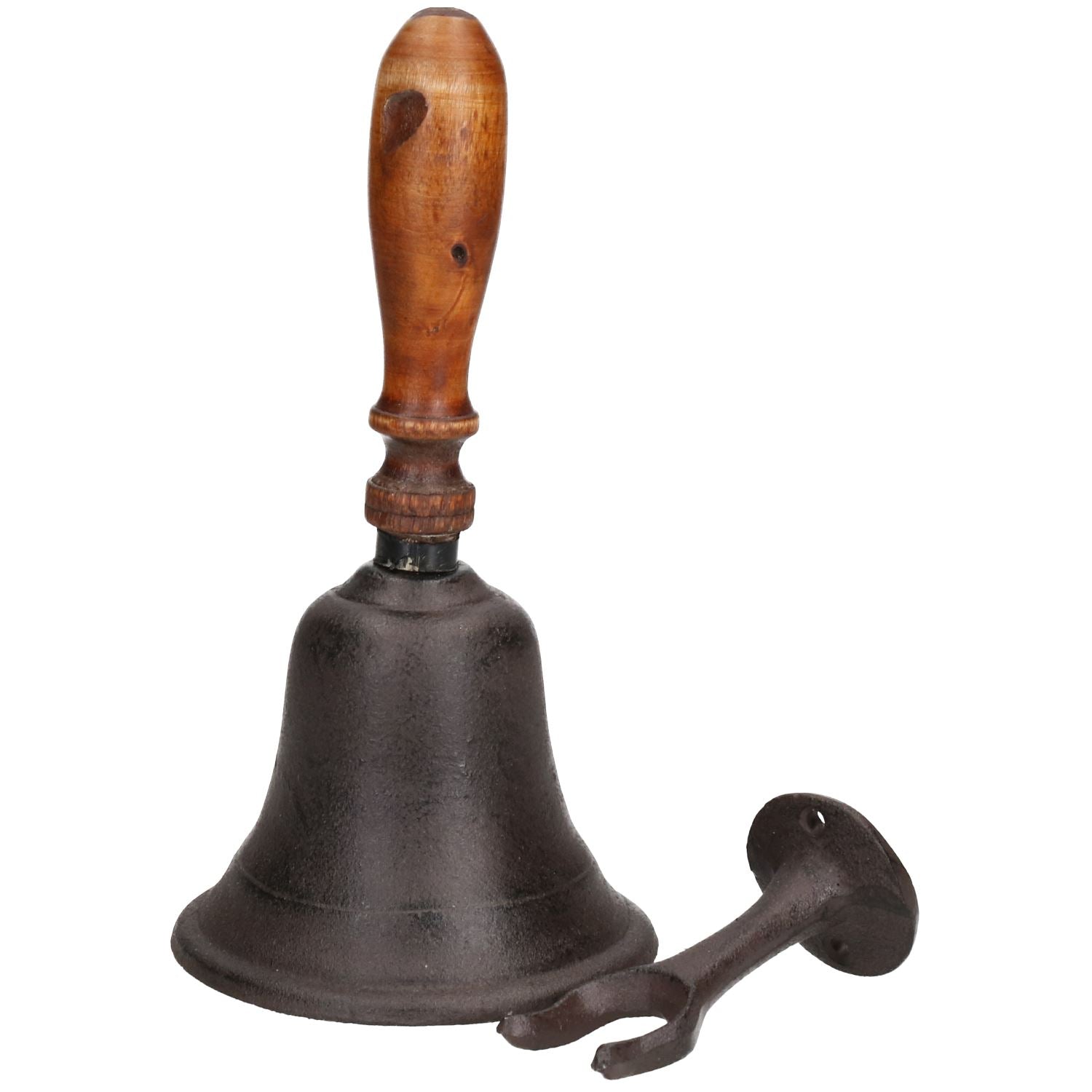 Dinner Hand Bell School Pub Bar Shop Tea Wooden Handle Wall Mount Cast Iron