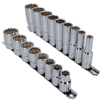 1/2" Drive Whitworth Shallow + Double Deep British Sockets BSW 17pc 12 Sided