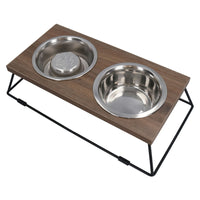 Dog Pet Puppy Slow Feeder Wooden Double Diner Raised Food Water Bowl