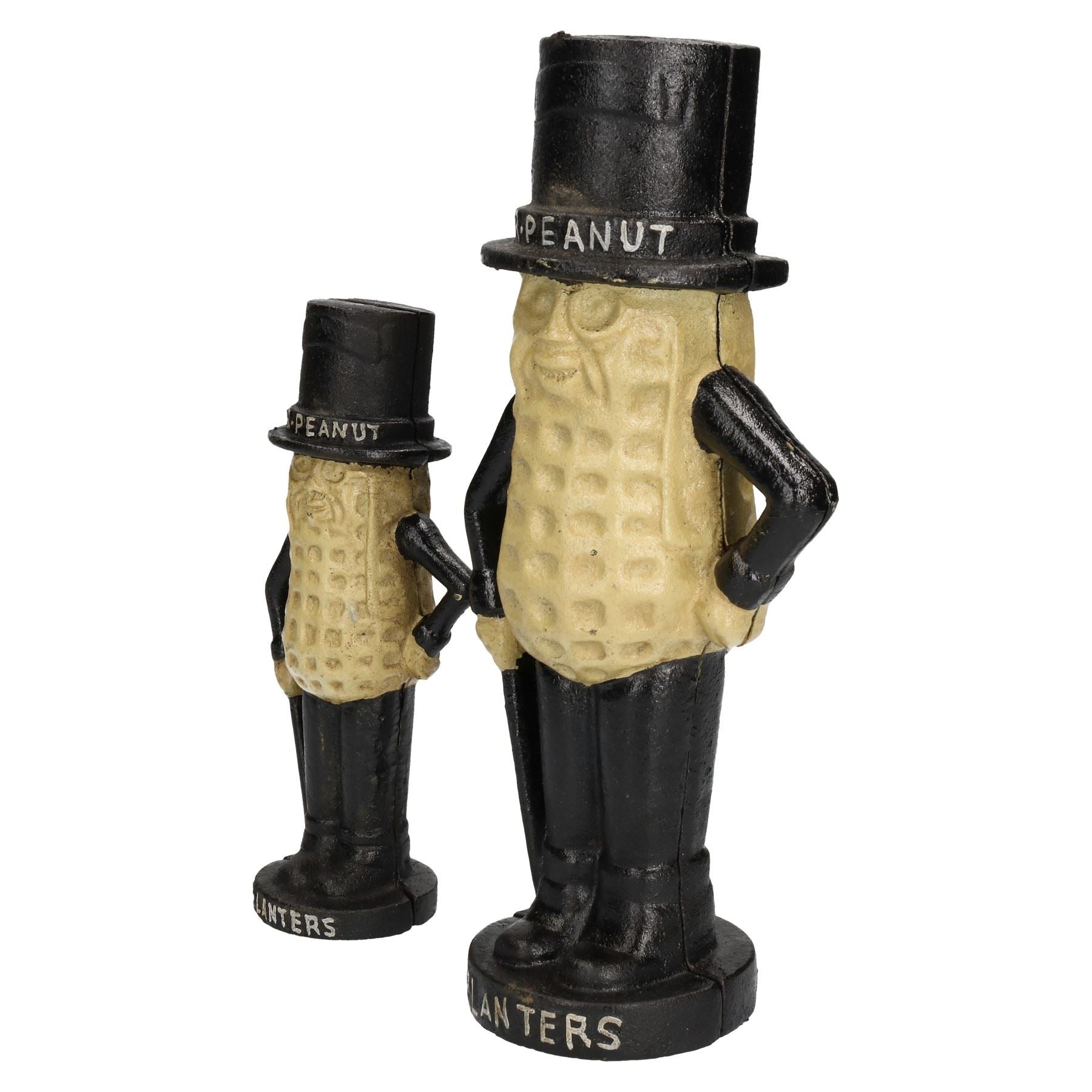 Large & Small Mr. Peanut Money Box Bank Jar Planters Mascot Cast Iron Statue