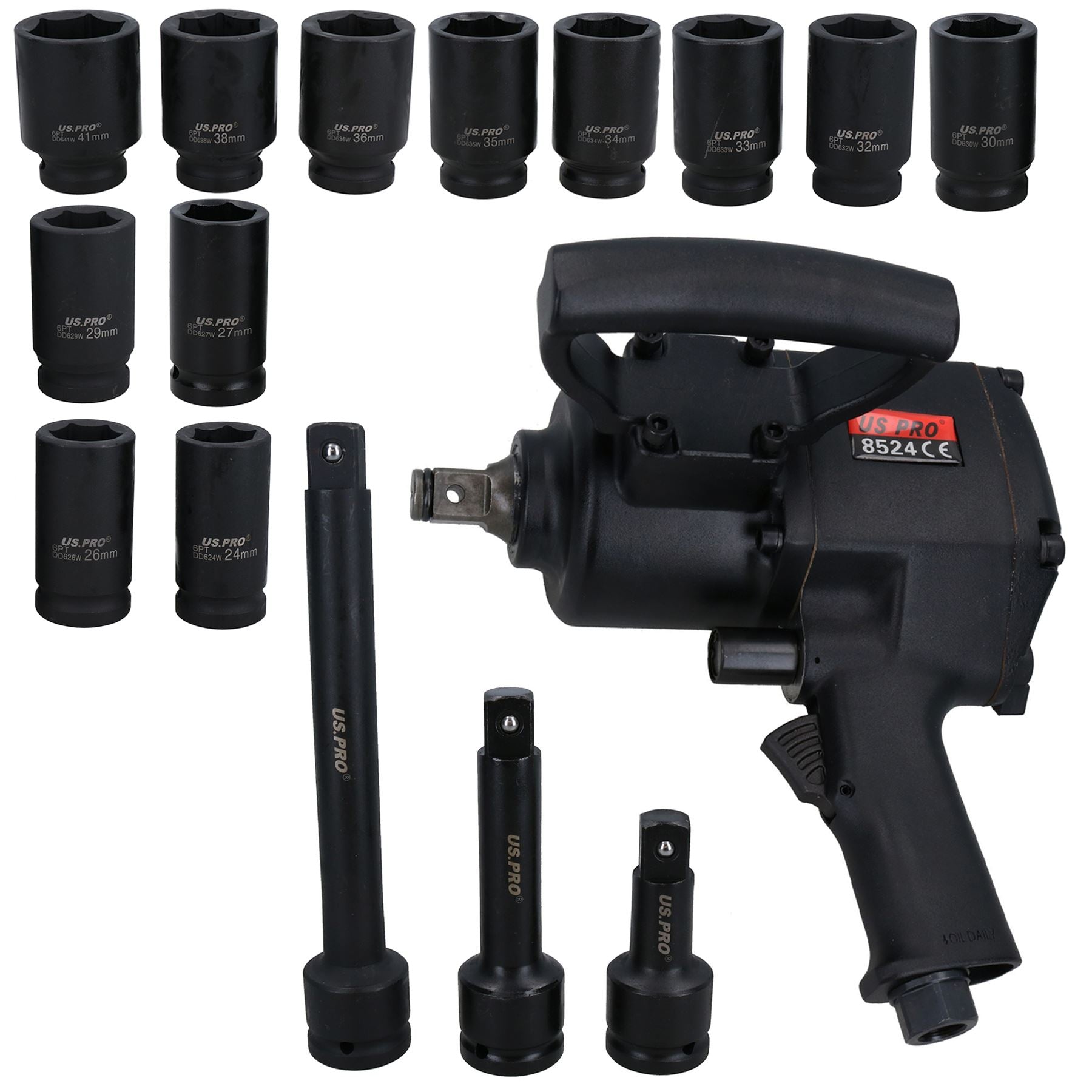 3/4” Drive Air Impact Wrench Gun 1800 Nm + 12 Sockets 24 – 41mm + Extensions