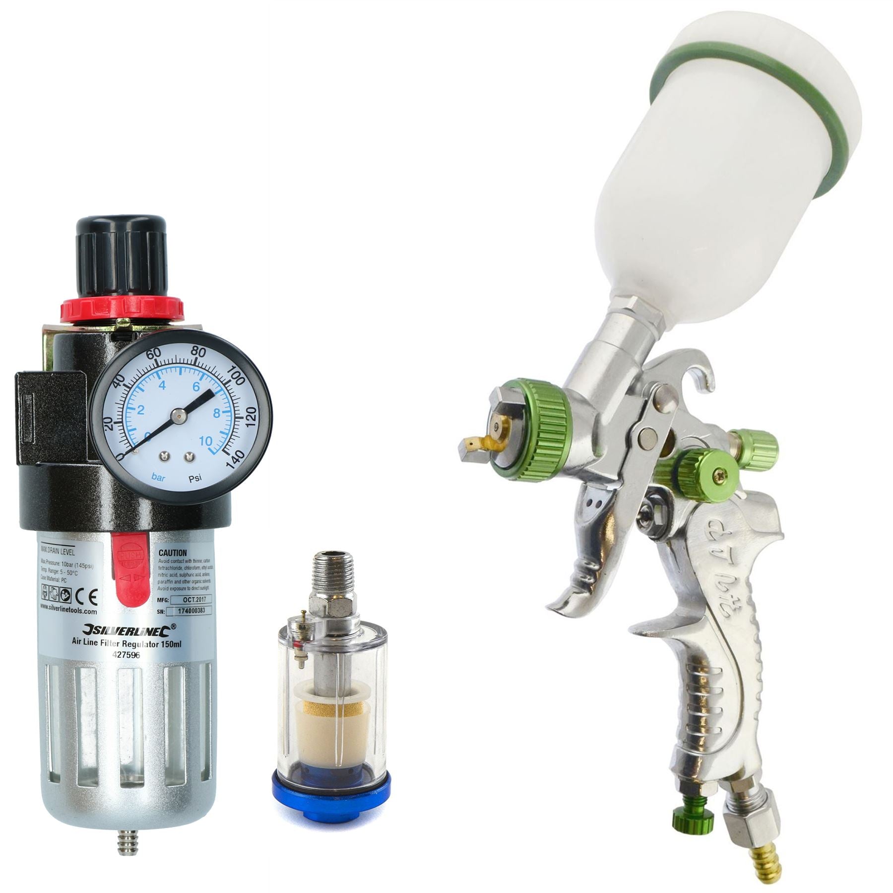 Mini HVLP Gravity Feed Spray Gun 1mm & Inline Moisture Trap/ Pressure Regulator