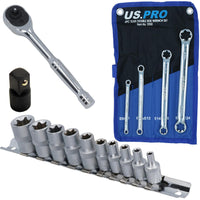 Female Torx E Sockets E4-E18 + Spanners E6-E24 1/4" Drive Ratchet + Step Up