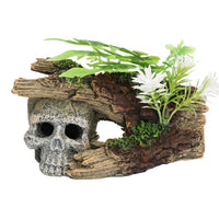 Aquatic Aquarium Decor Skull Log With Plants Fish Tank Ornament 16x10x9