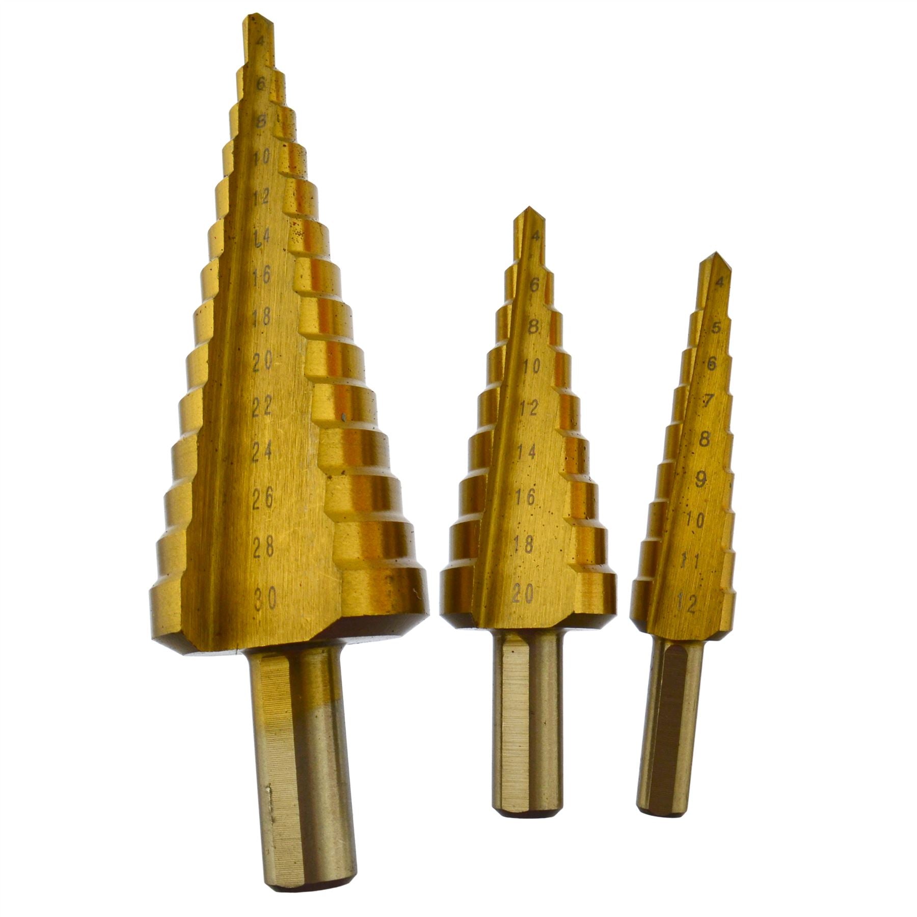 HSS Titanium Coated Step Drills / Cone Cutter / Drill Bits 3pc 4mm - 30mm AT206