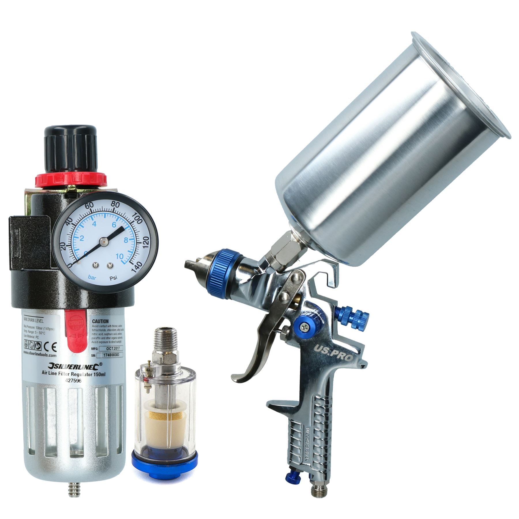 HVLP Gravity Feed Spray Gun 1.4mm/2mm Inline Moisture Trap/Pressure Regulator