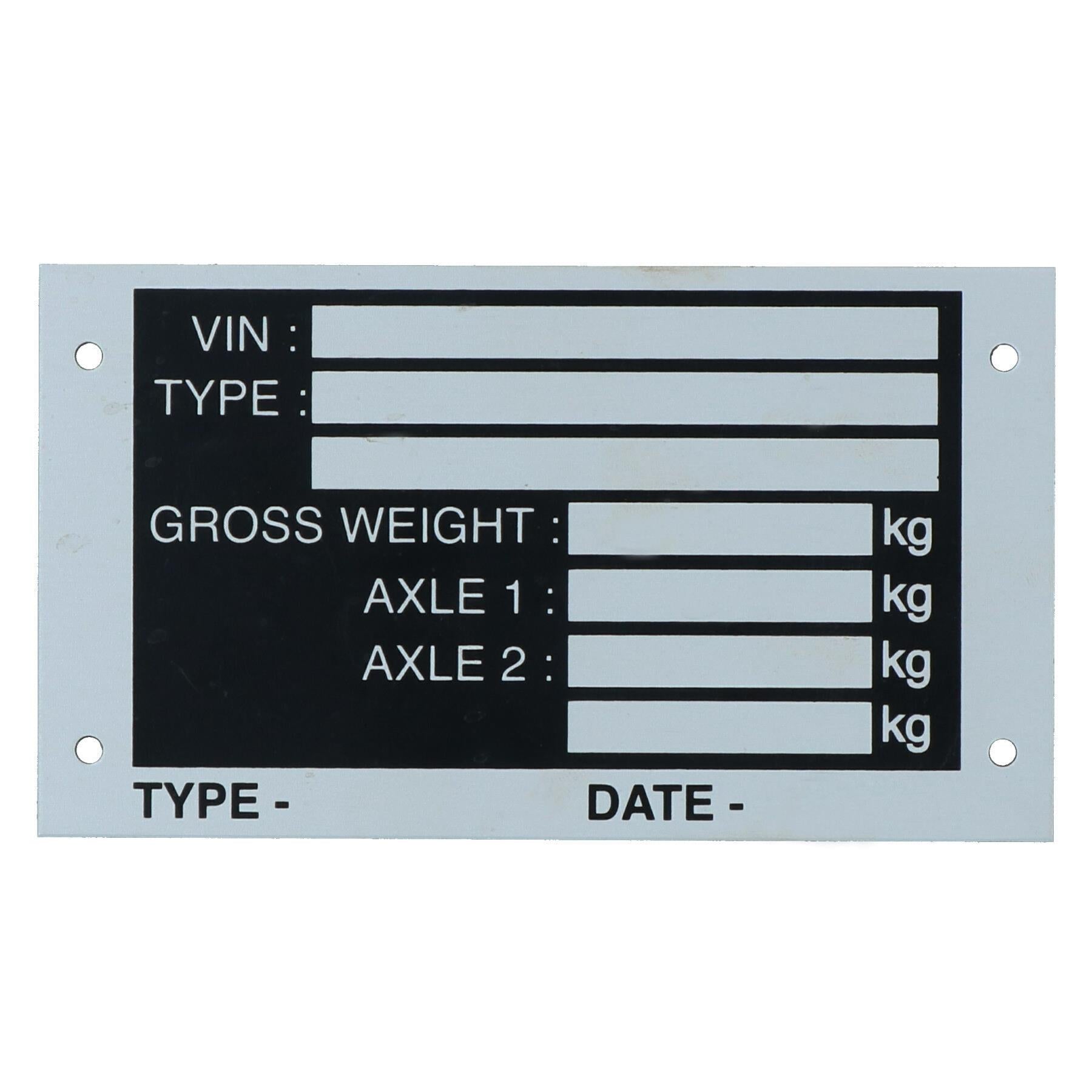 Trailer Blank VIN & Weight Chassis Plate 115mm x 65mm will fit Ifor Williams