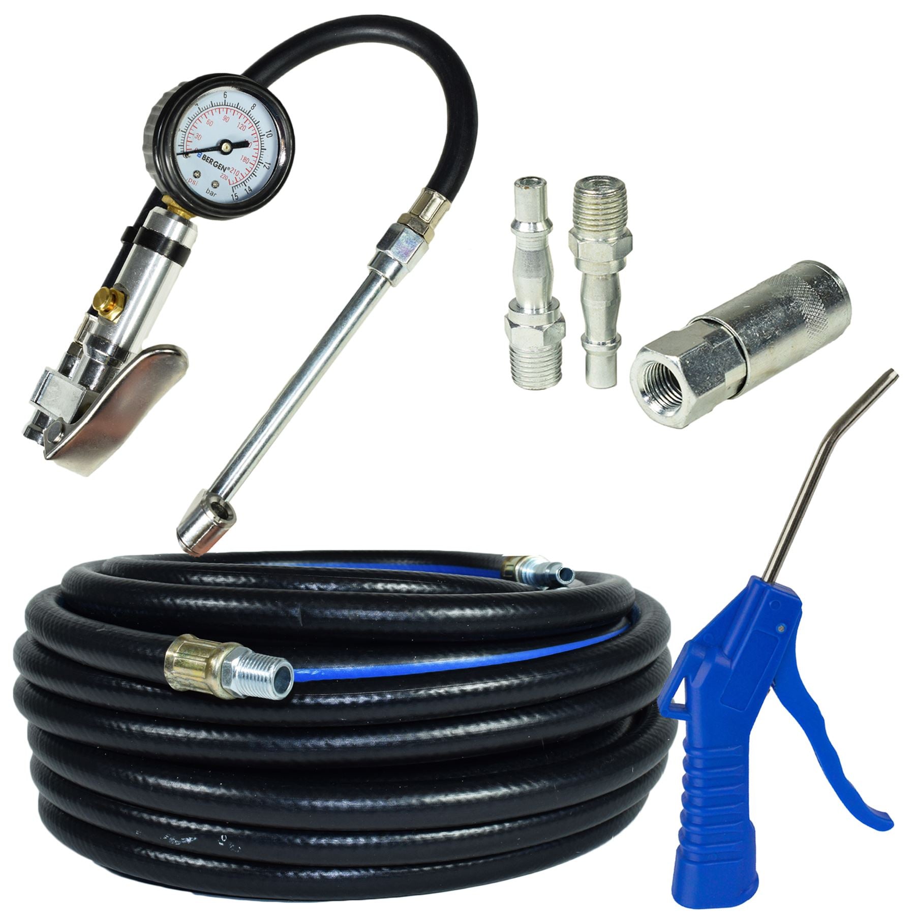 15m Air line / hose with Tyre Wheel Inflator, Blow Gun And Air Fittings