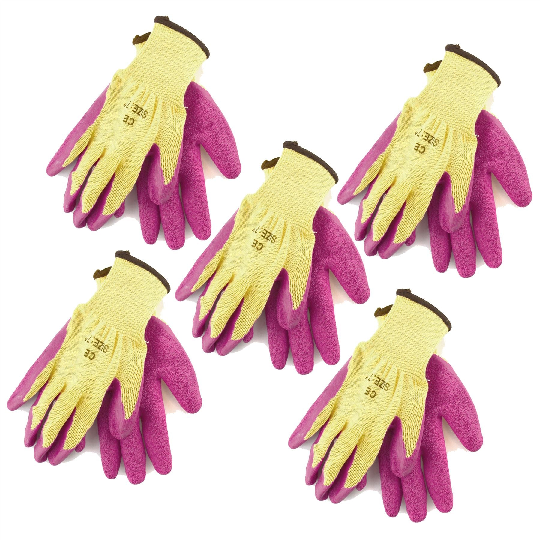 7" Builders Protective Gardening DIY Latex Rubber Coated Work Gloves Pink x 5