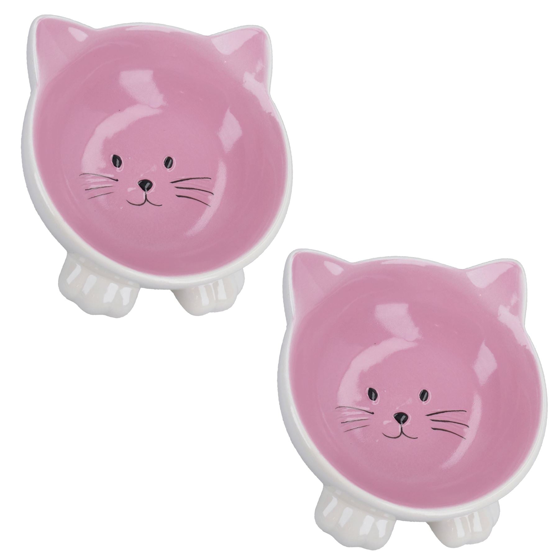 2PK Pink & White Orb Cat Face Bowl Food Water Platter Dish Kitten Cat 6.5" /16.5cm