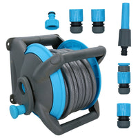 Garden Compact Wall Hose Reel With 15 Metres Of Hose + 5 Nozzles / Fittings