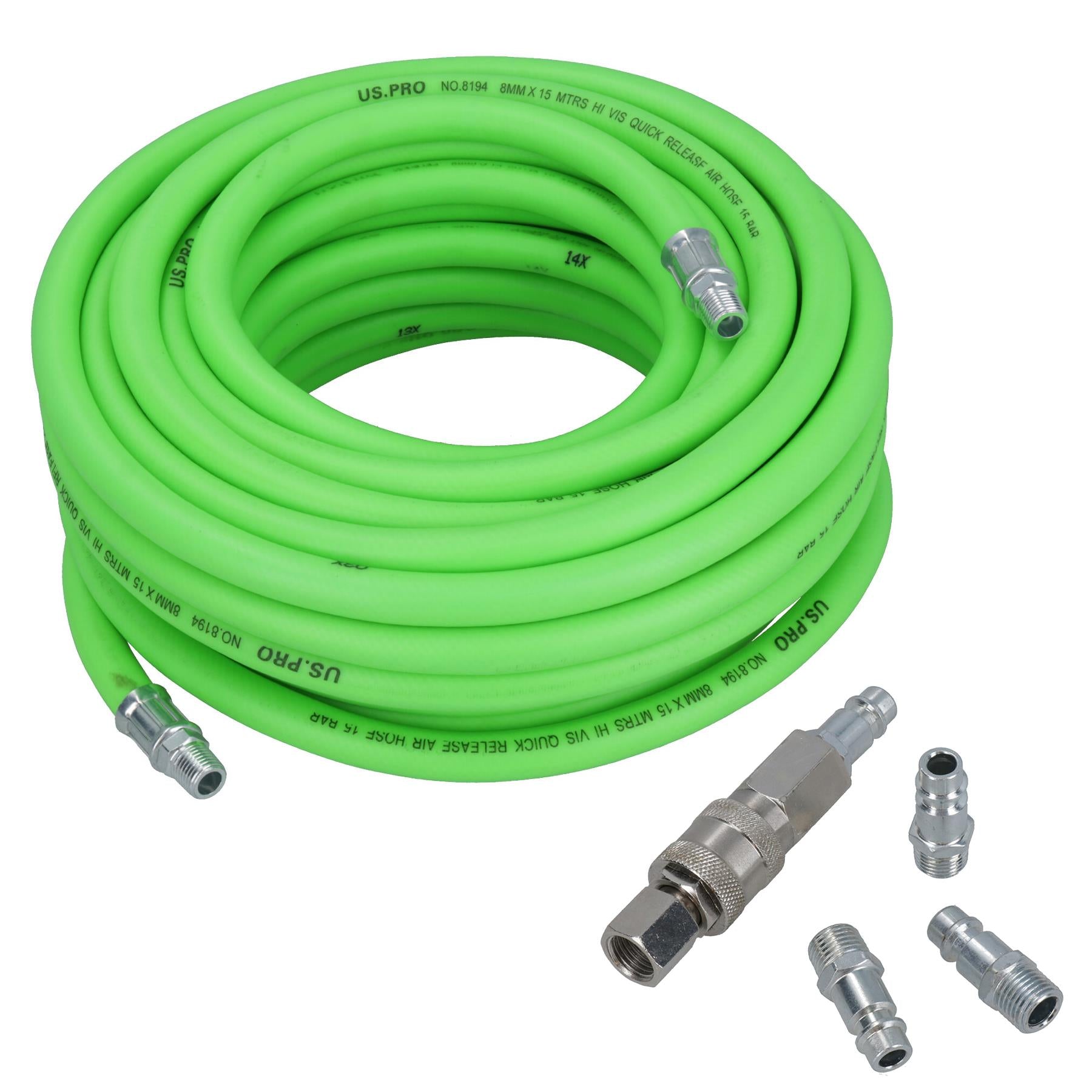 15 Metres Soft Rubber Hi-Vis Air Compressor Hose + Euro Quick Release Fittings