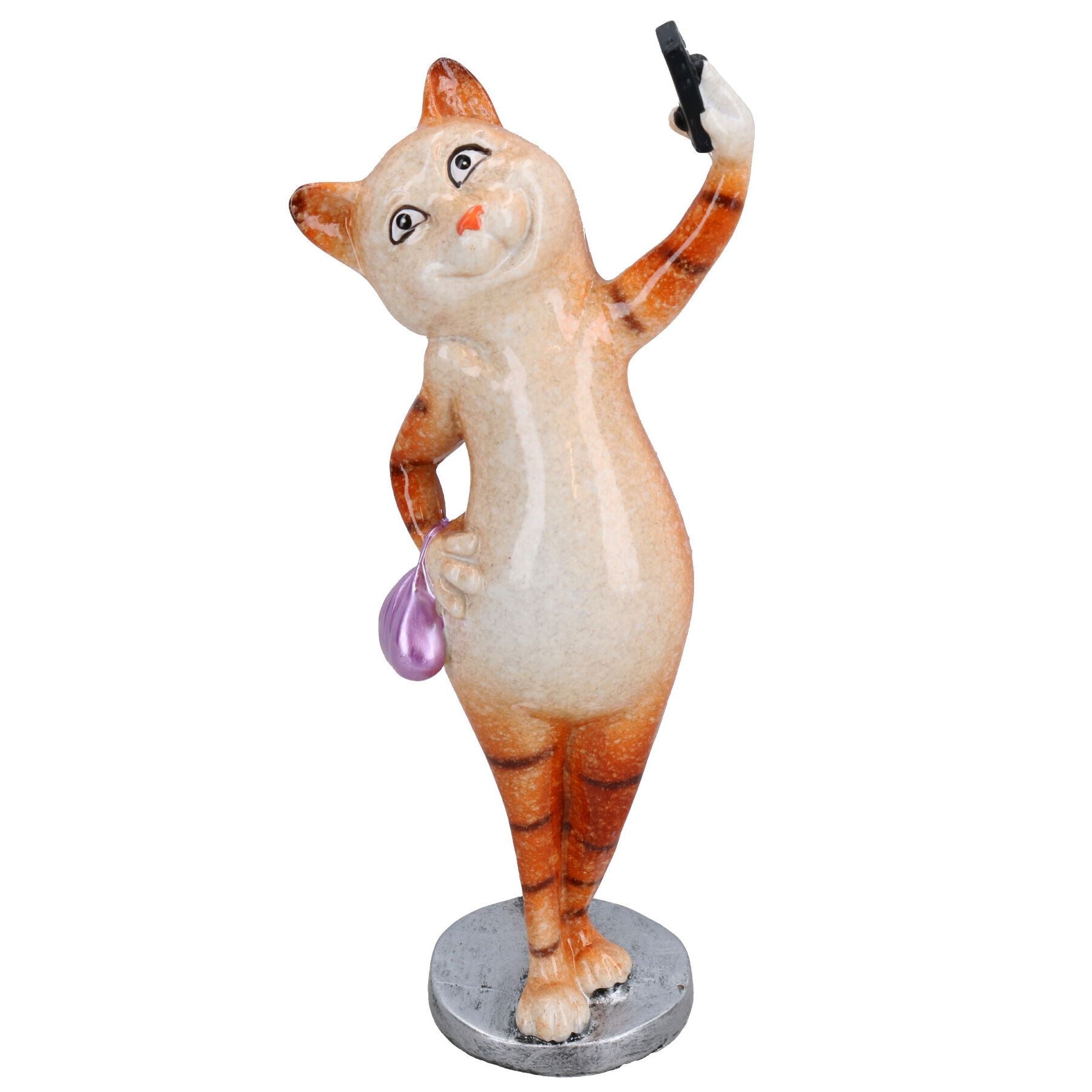 Ginger Slim Cat Taking Selfie Picture Ornament Statue Garden House Decor Resin