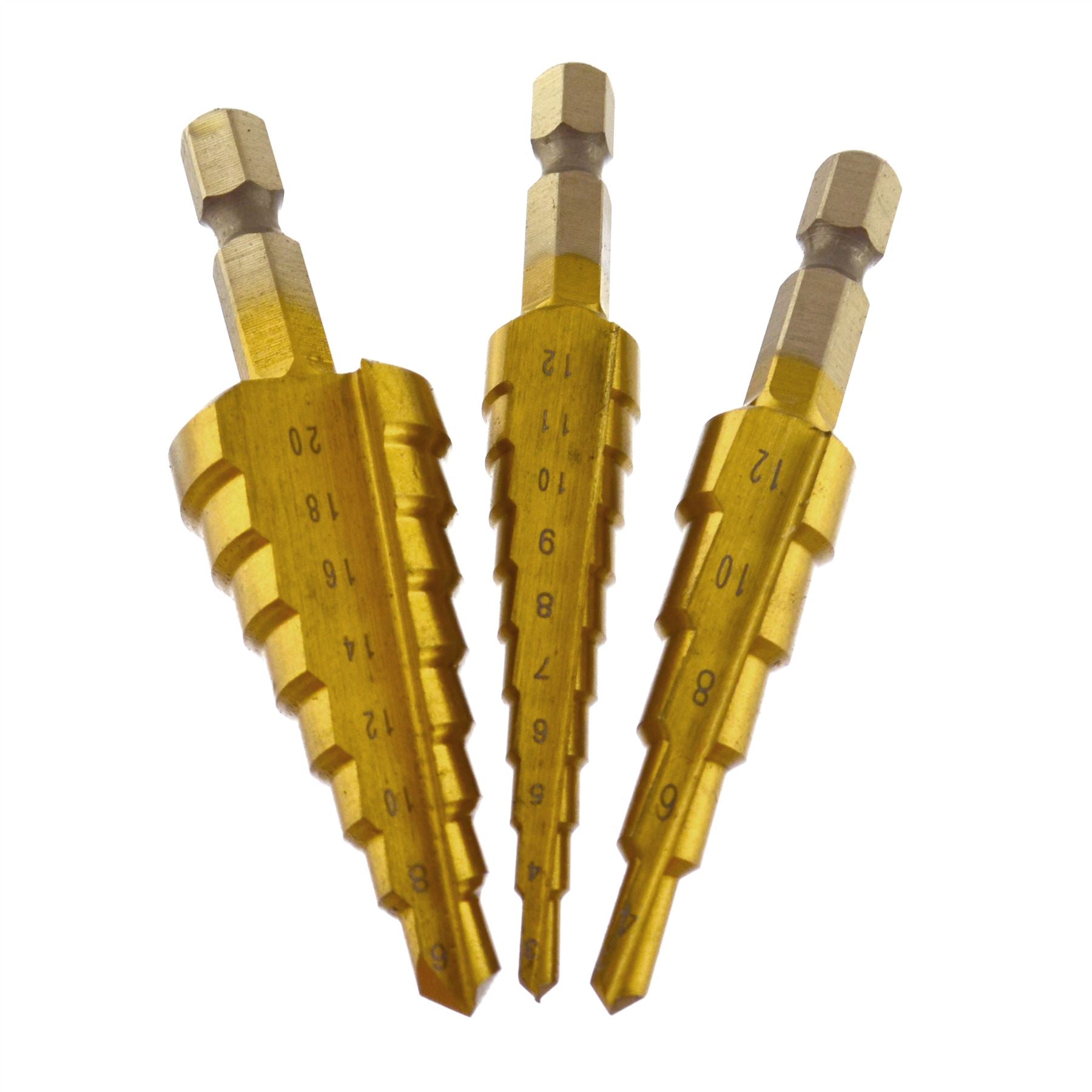 3pk HSS Step Cone Drill Titanium Coated Hole Cutter Hex Shank Metal PlasticAT018