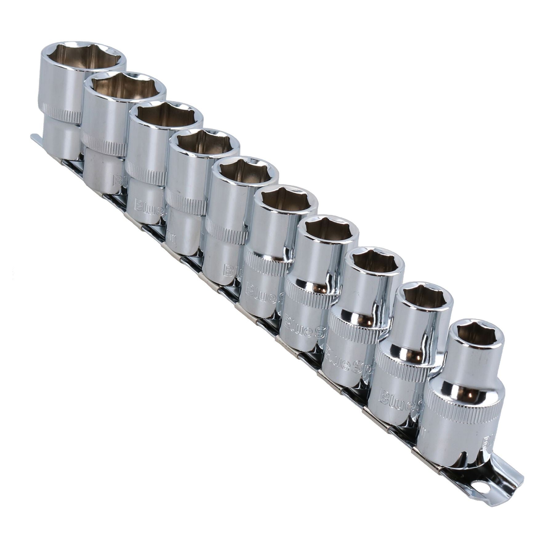 10pc 1/2" Drive Shallow Metric Socket Set 6-Sided Hex Sockets 10 - 24mm on Rail