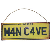 Novelty Hanging 'Welcome To M4N C4VE Metal Sign PrePunched Holes 13x36cm