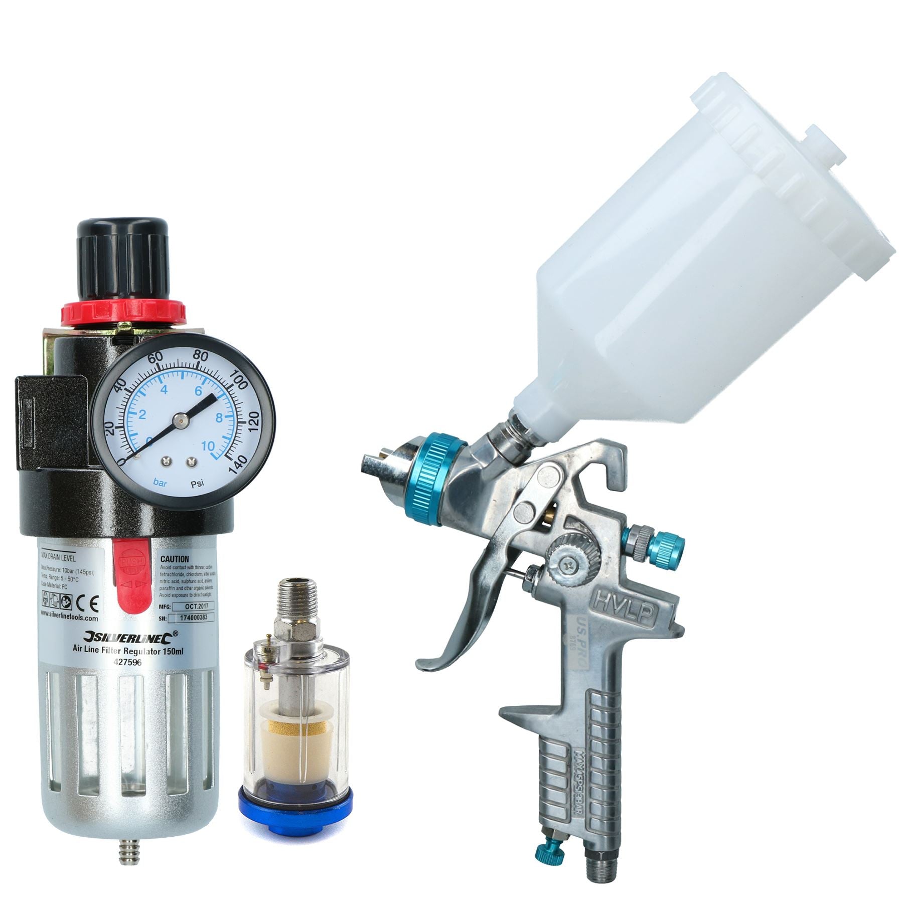 HVLP Gravity Feed Spray Gun 1.4mm & Inline Moisture Trap / Pressure Regulator