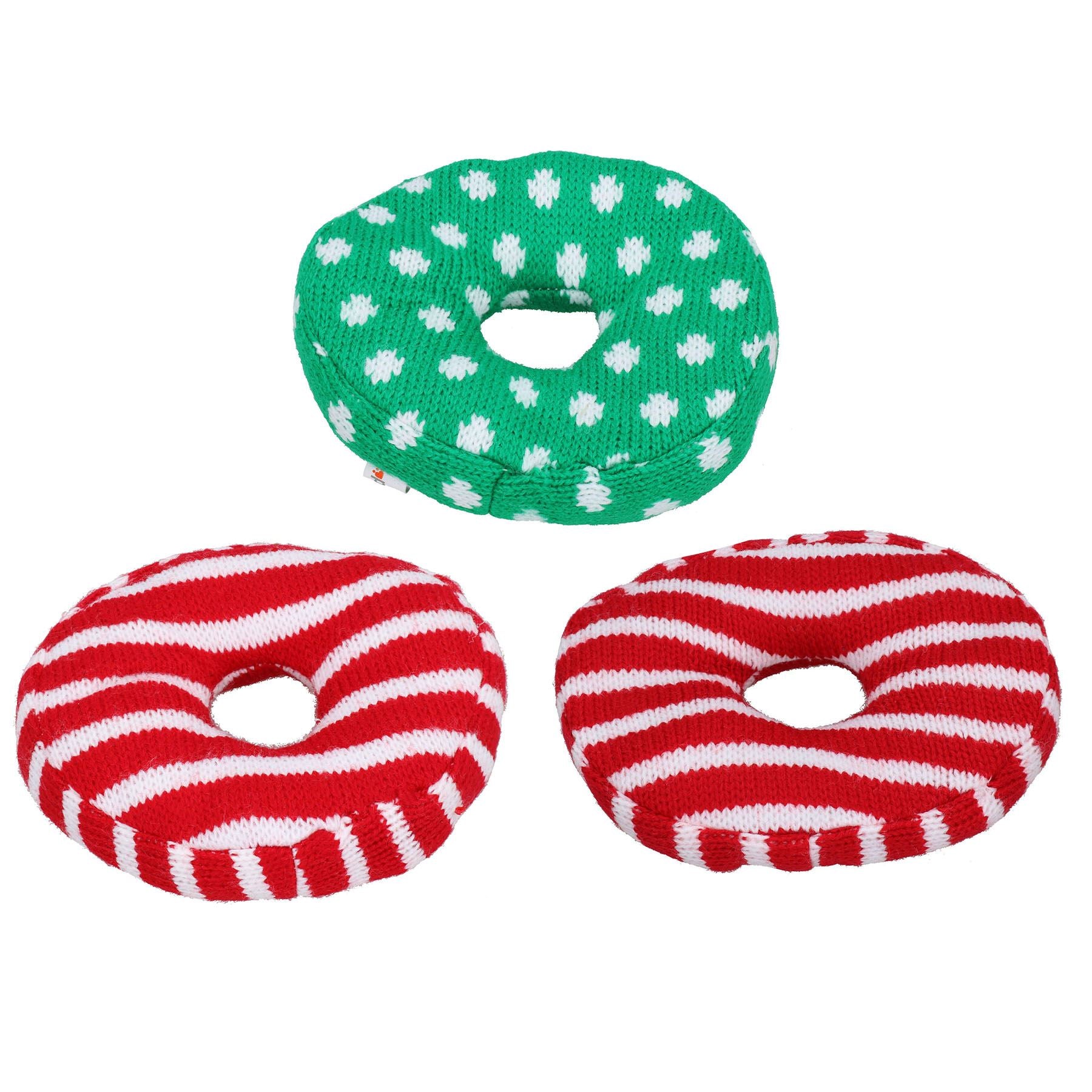 Dog Christmas Gift Set of 3 Doggy Doughnuts Soft Knitted Dog Play Toy