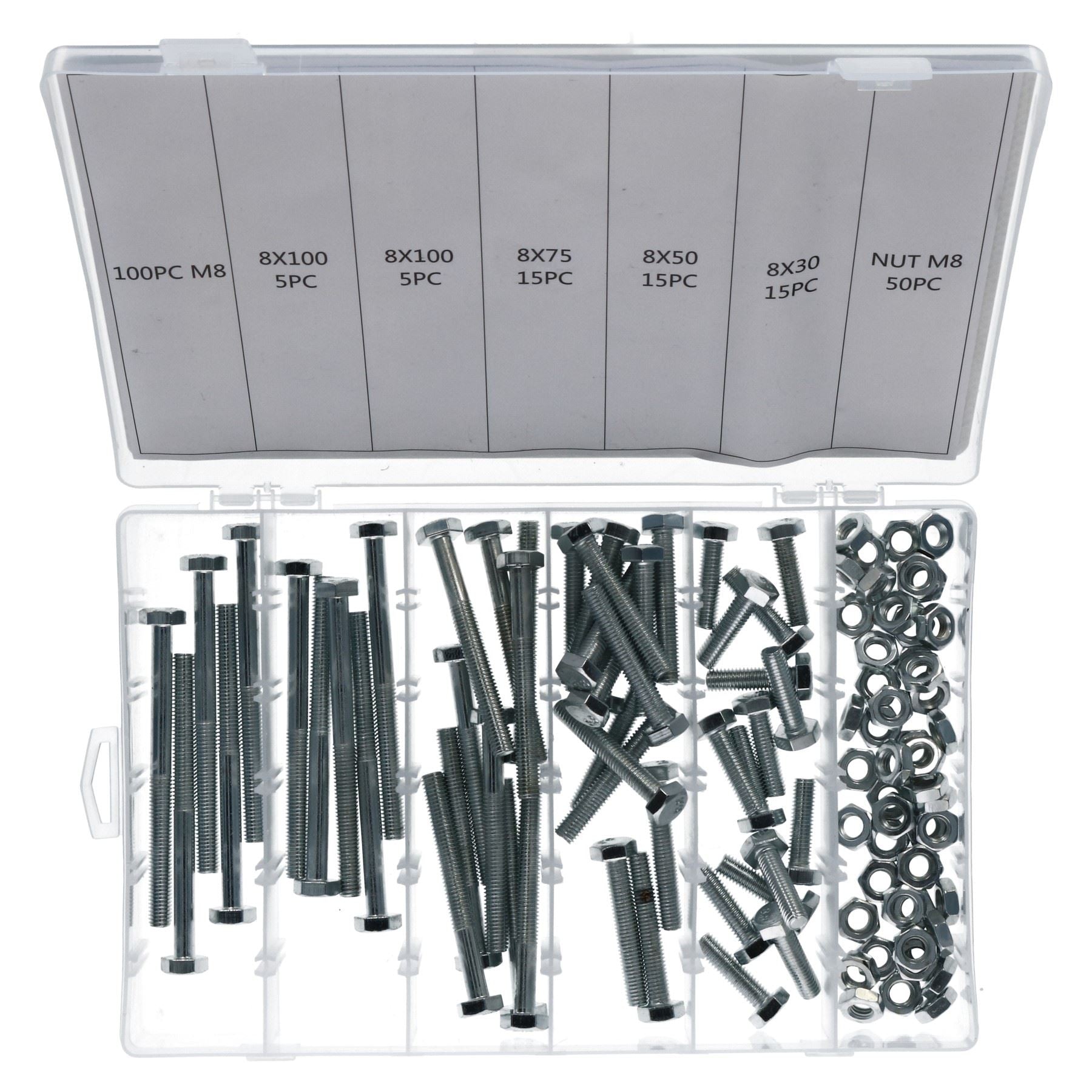 100pc M8 8mm Bolts Bolt with Nuts Assortment 30 - 100mm Hex Head