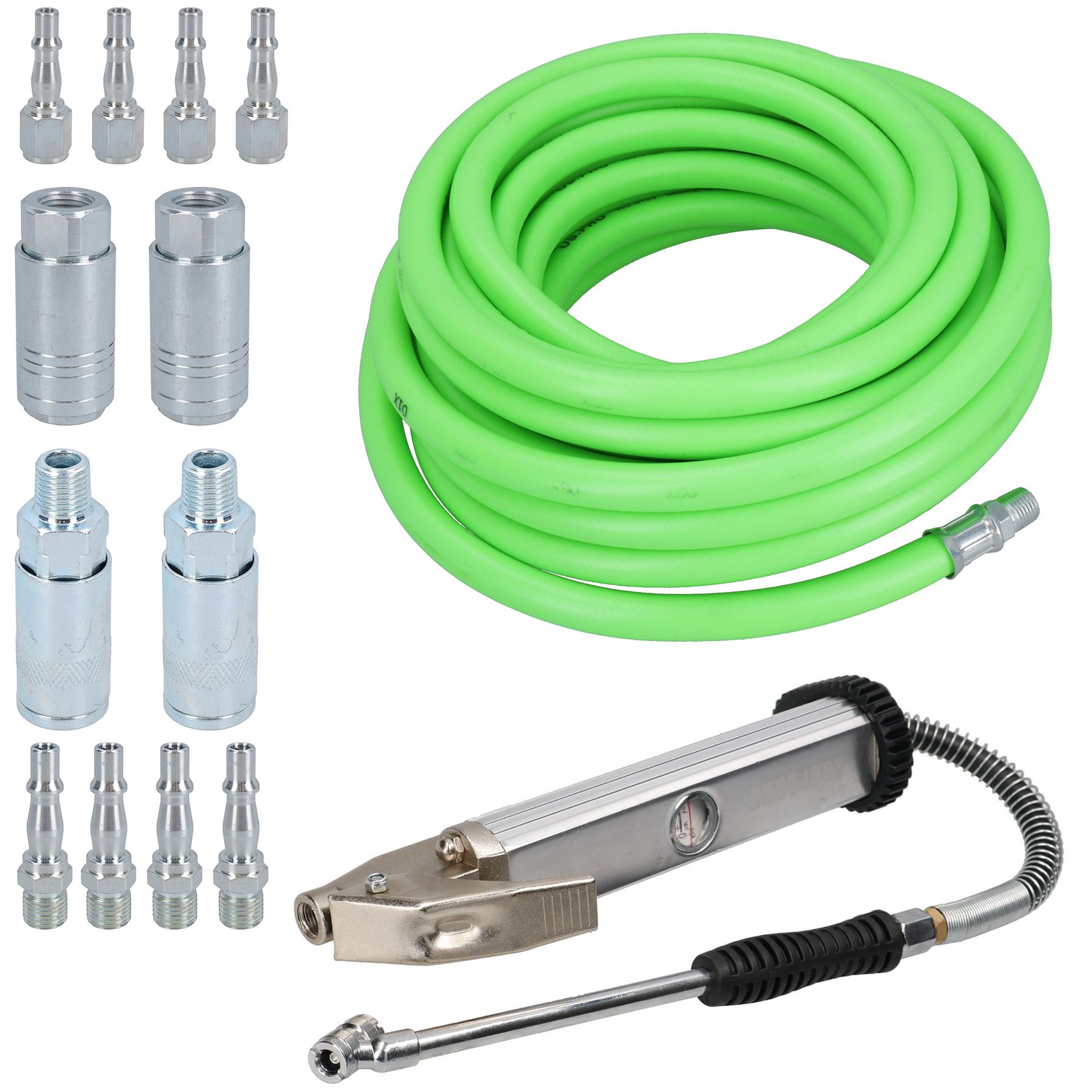 10 Metres Soft Rubber Hi-Vis Air Hose + Quick Release Fittings + Tyre Inflator